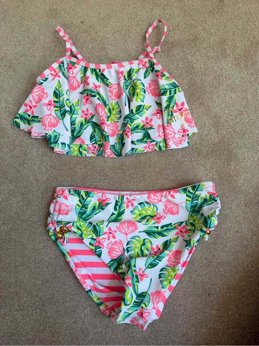 Betsey Johnson Pink Floral & Green Leaf Girls Two-Piece Swimsuit